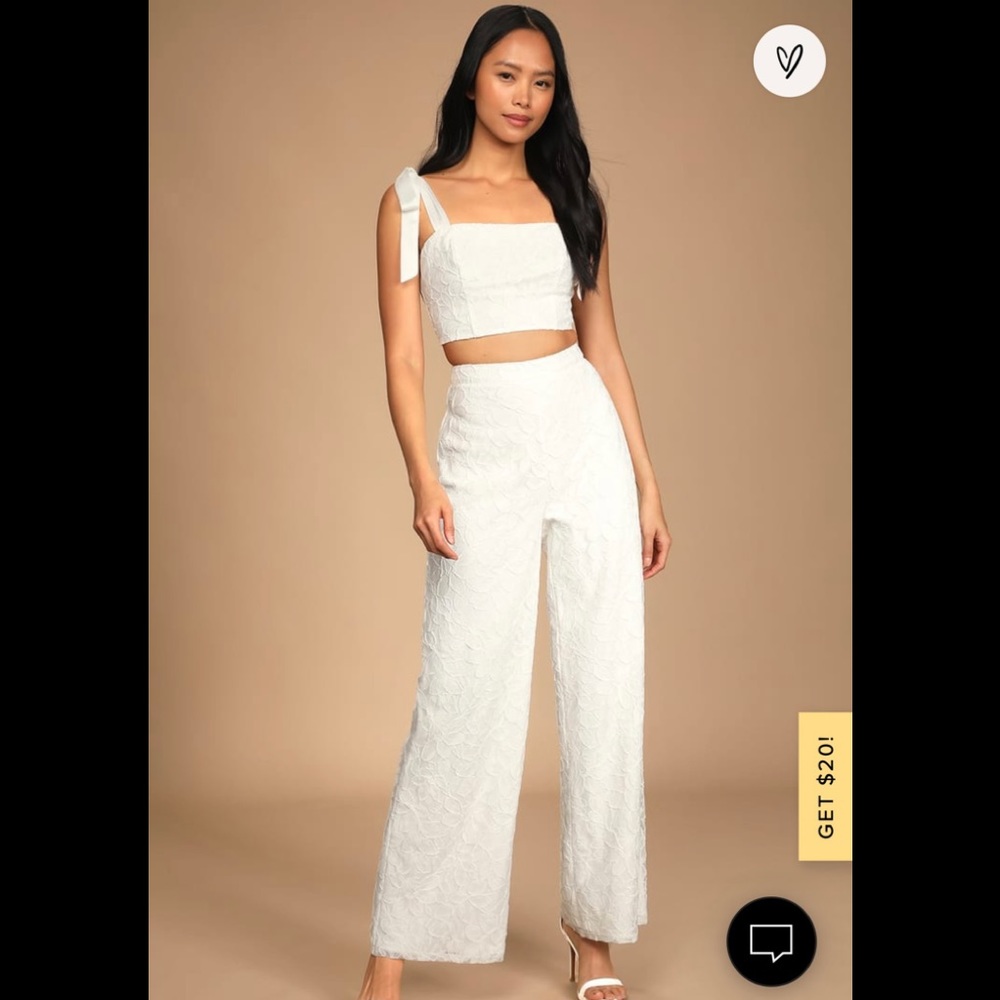 Lulu’s white two-piece lace pants set. Size XS.